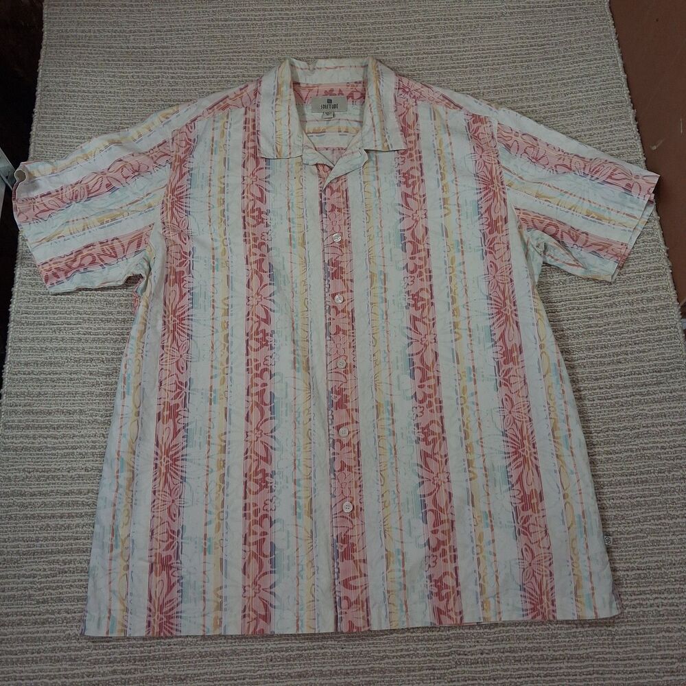 Vintage Solitude Mens Shirt XL Striped Floral Hawaiian Tropical Beach White Pink